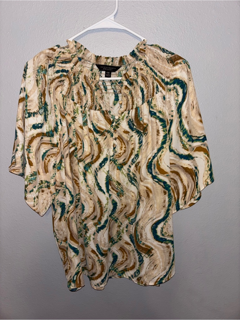 Investments Women's Cream Teal & Brown Abstract Ruched Neck Blouse